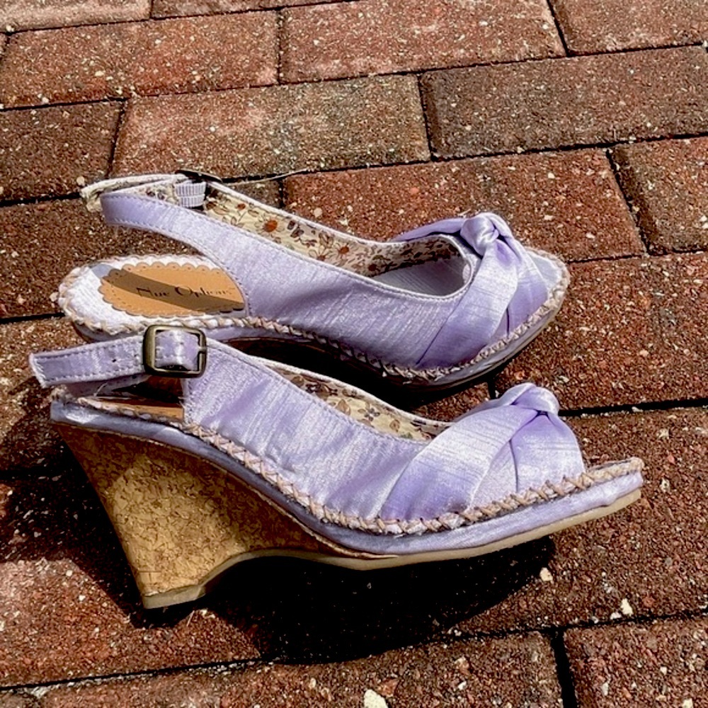 Nue Options Lavender Satin Wedge Slingback Sandals